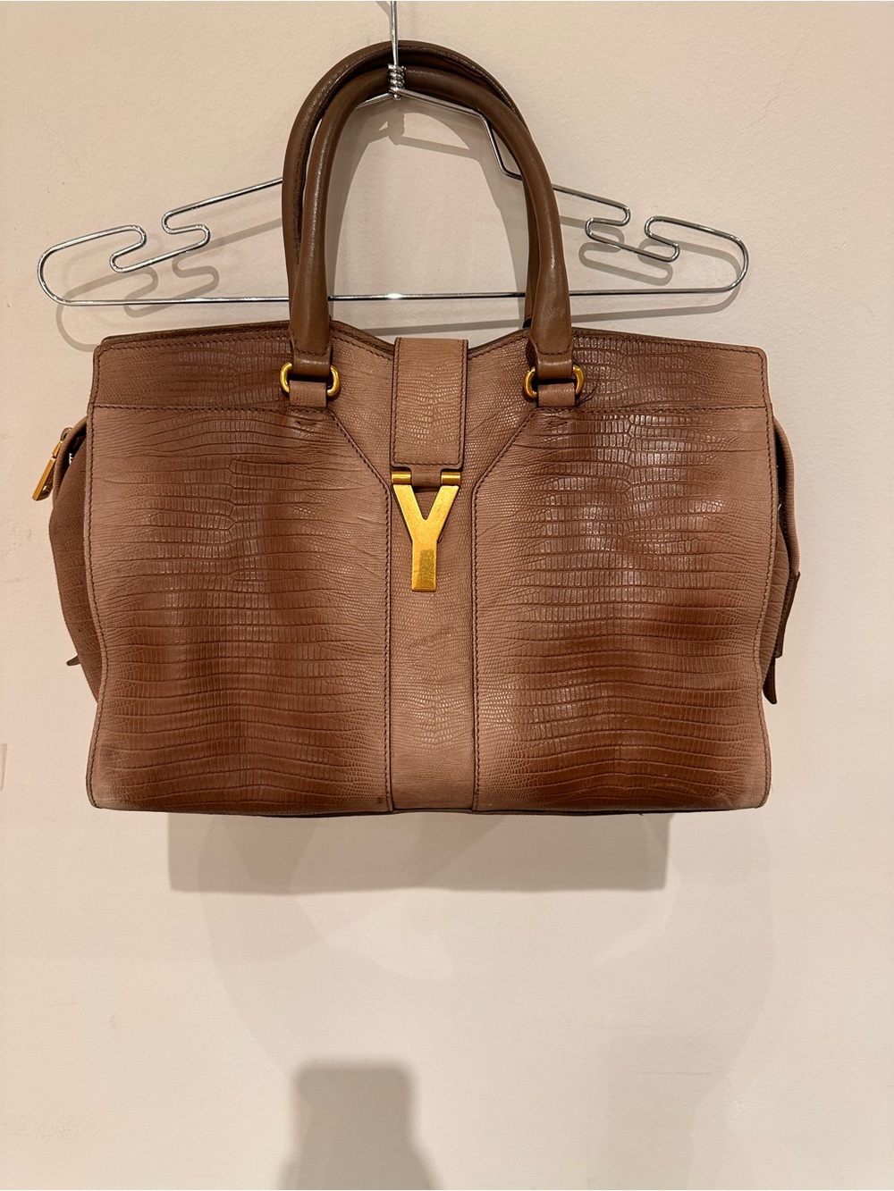 Yves Saint Laurent Brown Textured Leather Top-Handle Bag with Gold Y